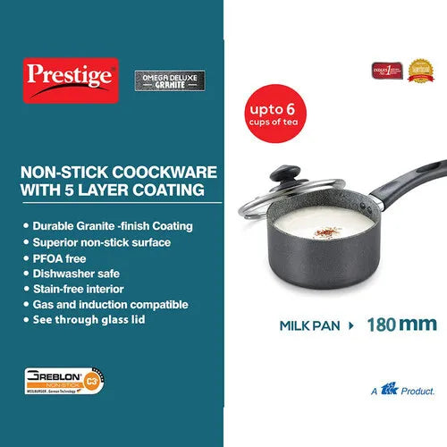 PRESTIGE | NON STICK COOKWARE |OMEGA DLX GRANITE |MILK PAN |180 MM WGLID