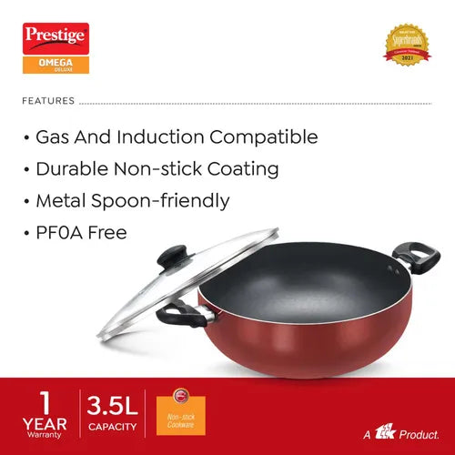 PRESTIGE | NON STICK COOKWARE |OMG DLX DEEP KADAI |240 W GLASS LID