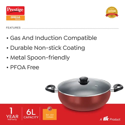 PRESTIGE | NON STICK COOKWARE |OMG DLX DEEP KADAI |300 W GLASS LID