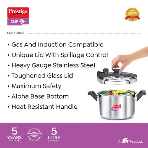 PRESTIGE | COOKER |SS CLIP ON |SVACHH 5L |PRESURE COOKER 22cm