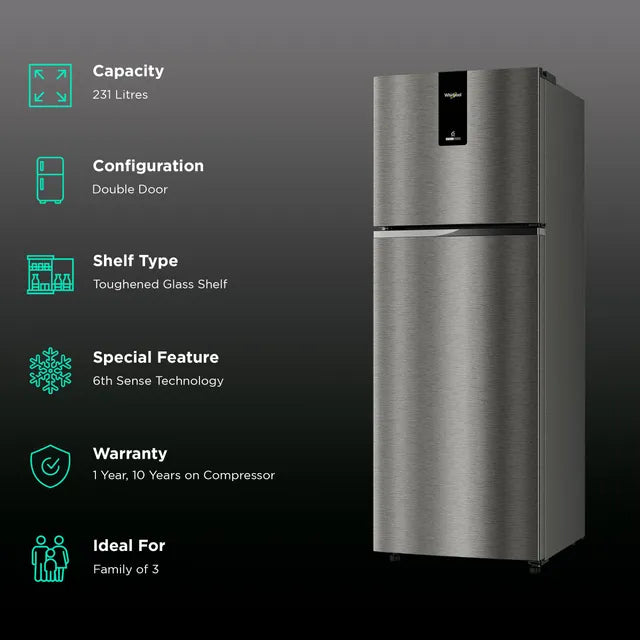 WHIRLPOOL| 2 STAR | 231 LTR | DOUBLE DOOR | NEO DF278 PRM IMPERIAL STEEL | 22317